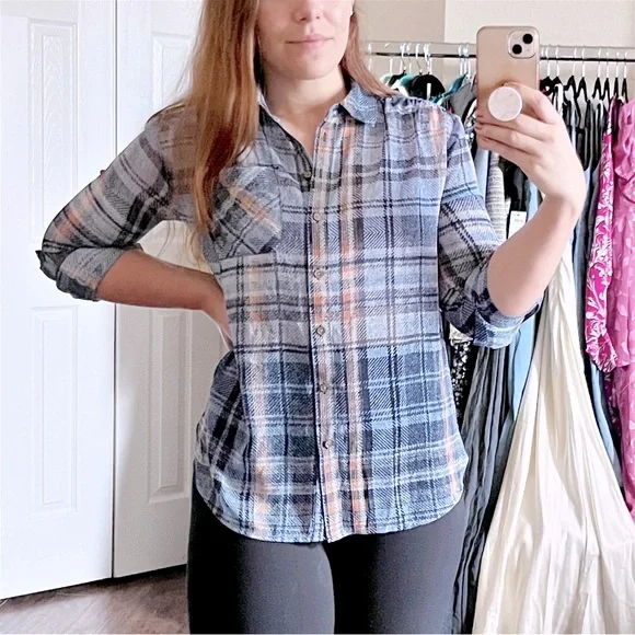 Blue Plaid Button Down Shirt Blouse Semi Sheer Roll Tab Sleeve Women Small New - Picture 8 of 8